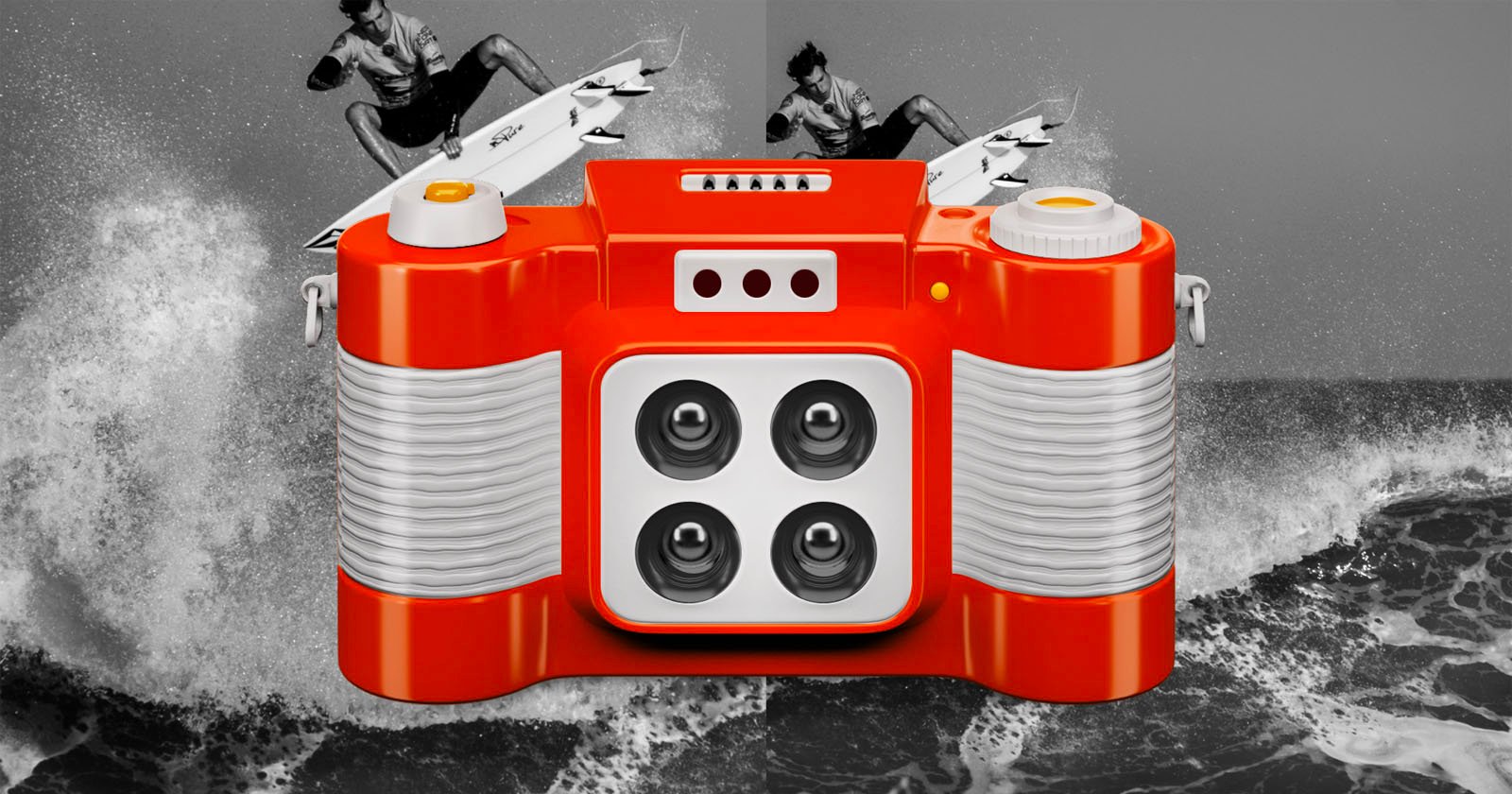 A stylized image of a bright orange, toy-like submarine with oversized features in front of a black-and-white photo of two surfers riding waves.